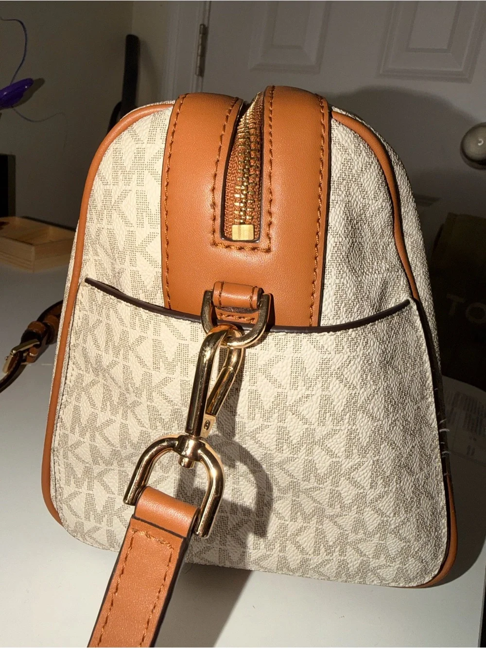 Michael Kors Tan and White Signature Stripe Satchel